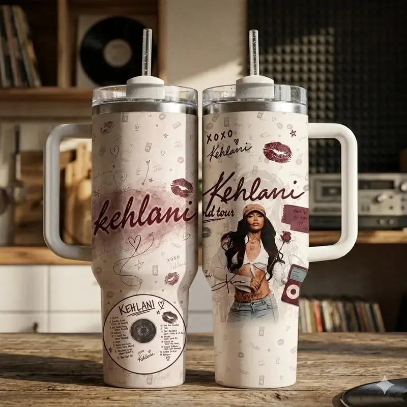 Kehlani Y2K Collage 40oz Tumbler with Handle & Straw, Stainless Steel Insulated Travel Mug, Retro Music Aesthetic Singer Cup, Kehlani Fan Gift, Concert Lover Drinkware
