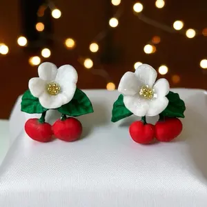 Cherry Earrings with White Flower Design Red Cherry Base Unique Fashion Accessory