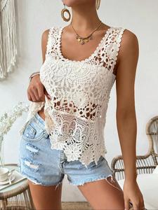 women's plain hollow out  cover up top, casual   sleeveless top for beach holiday vacation, ladies clothes for summer