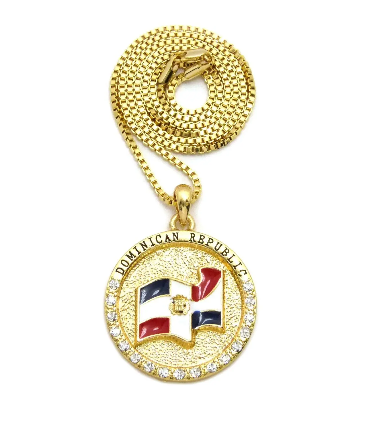 MaxBling81 Dominican Republic Flag Medallion Charm Pendant with 2mm Box Chain (18in-20in-24in Sizes) - Unisex Hip-Hop Daily Love Costume Jewelry Necklace for Men, Women, Emblem Necklaces, Chain Jewelry Necklaces