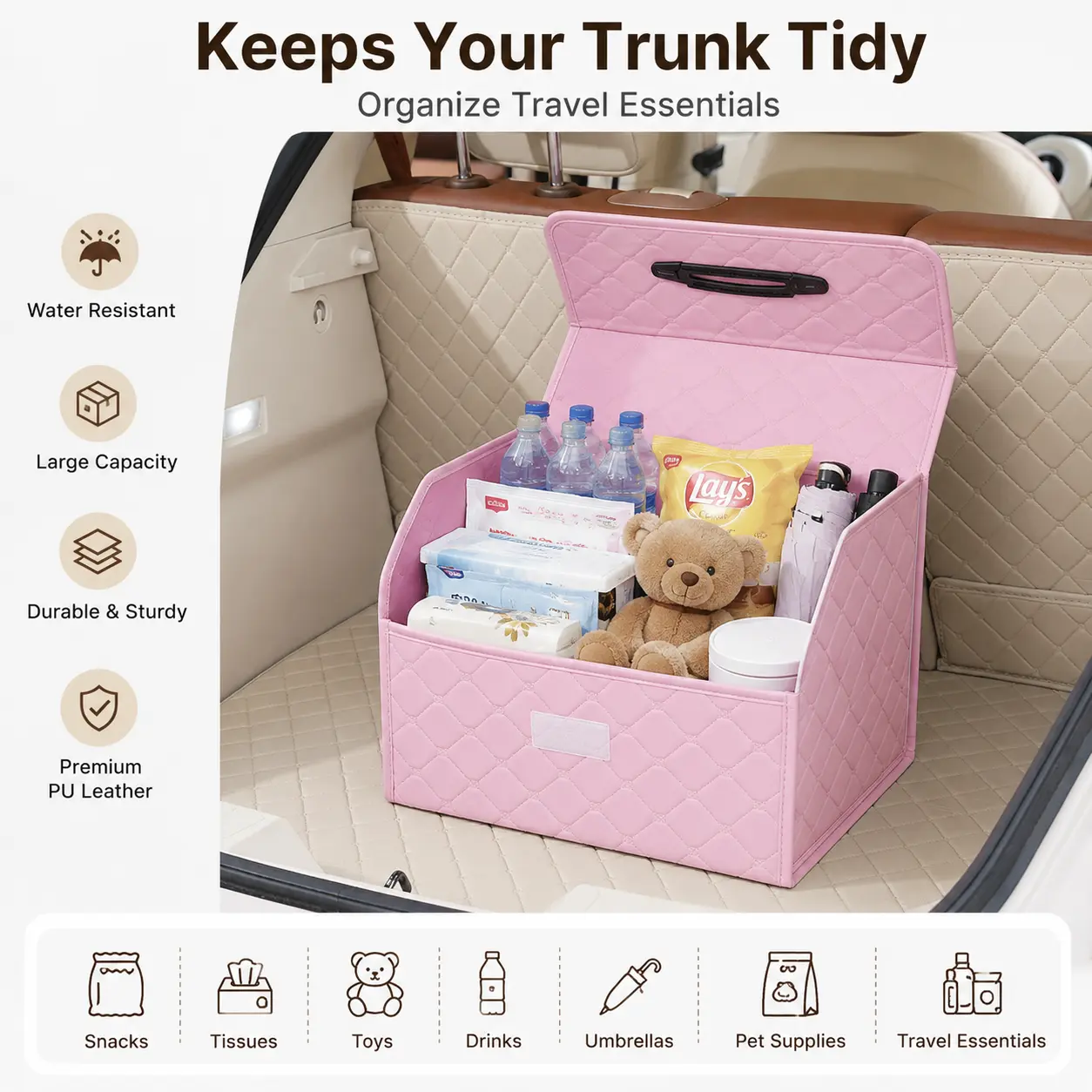 Foldable Car Trunk Storage Box, Multifunctional Car Organizer with Bowknot Design, Car Interior Accessories for Women & Girls