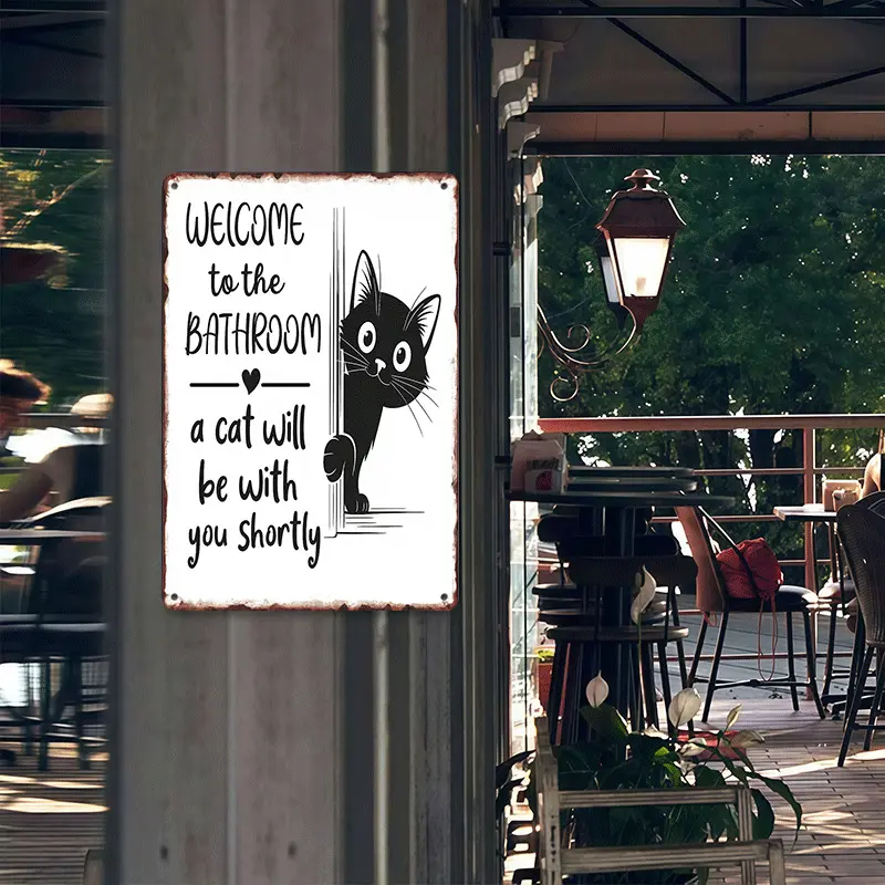 Vintage Aluminium Hanging Bathroom Sign - "A Cat Will Be With You Shortly" Whimsical Novelty Decor, 8×12 in Metal Wall Art, Ideal Gift for Home Bathroom Enthusiasts, Room Decor Accent