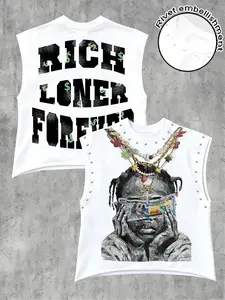 Trendy Sleeveless Nail Design Vest Top Unisex, Hip Hop Street Style Fitted Graphic Sleeveless T-Shirt, Gym Workout Daily Casual Wear