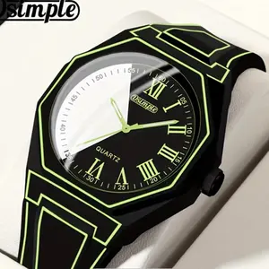 Quartz Watches for Men -1pc Modern Cartoon Minimalist Unisex Mens Watch, Silicone Strap, Black & White Dial with Geometric Patterns, Casual Watches for Men & Women, Special Occasions, Everyday Timepiece - Christmas, Halloween Gift, Reloj Para Hombre.