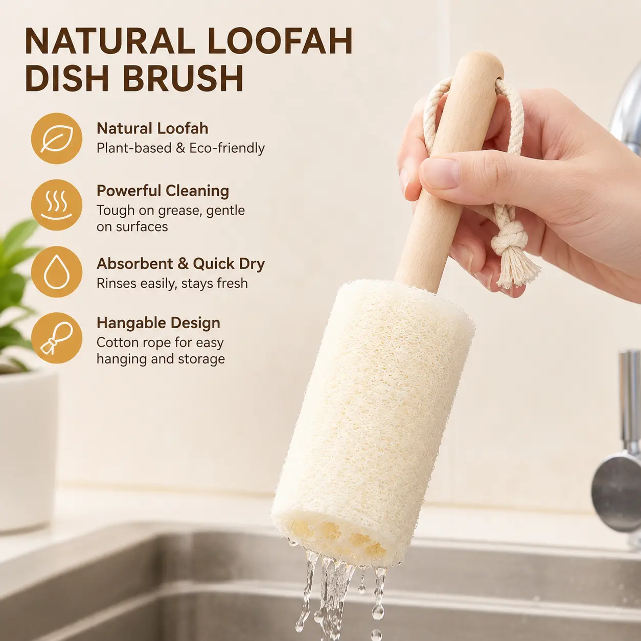 1-Count Loofah Sponge Cleaning Brush with Solid Wooden Handle, Absorbent, Rich Foam, Reusable, Hangable Design for Washing Cups, Pots, Dishes in Kitchen