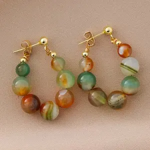 A Pair Of Vintage Elegant And Vibrant Colored Agate Bead Drop Earrings For Women, Suitable For Festivals, Birthdays, Dates, Parties, Vacations, Shopping, And Daily Commuting Accessories (Natural Stone Colors May Vary Slightly).. Green Imperial Jade