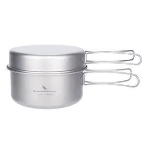 Boundless Voyage Titanium Soup Pot Fry Pan Set with Foldable Handle, Outdoor Camping Kitchenware, Titanium Pot and Plate Two-Piece Set for Stir-fry Fried Egg Instant Noodles