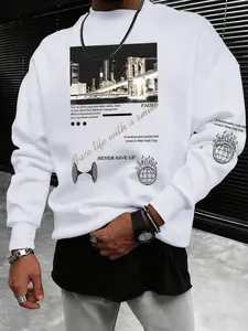 New York City Style Graphic Print Sweatshirt, Never Give Up Motivational Slogan, Vintage Building Pattern, Loose Fit, Casual Long Sleeve Top