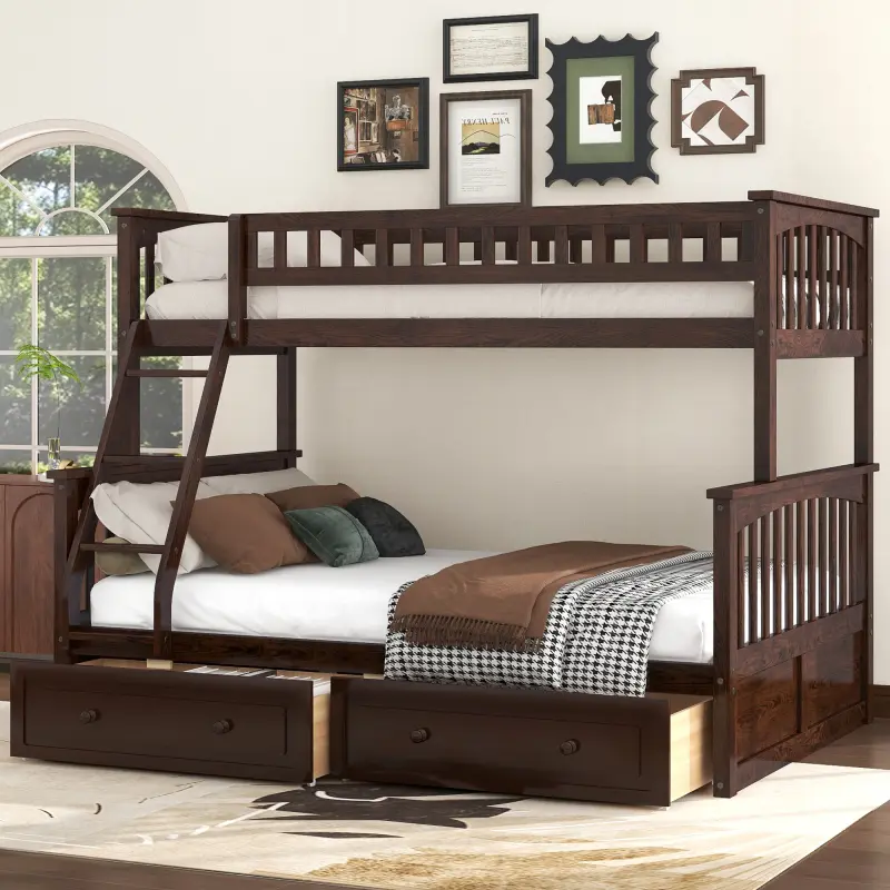 Twin over Full Bunk Bed with Drawers, Convertible Beds, Espresso