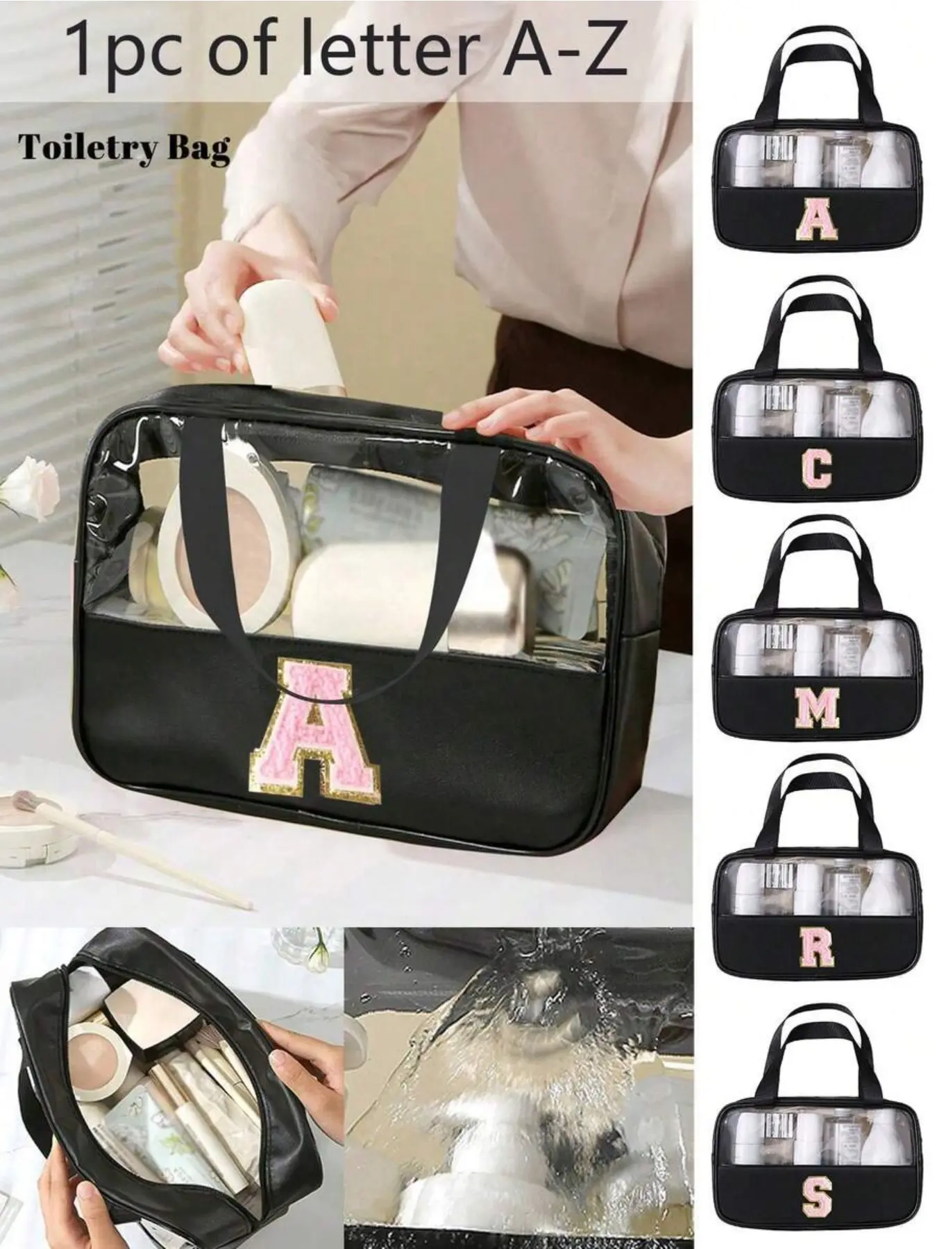 Square Solid Color PU&PVC Leather Fabric With Embroidery Letters A-Z Print,Waterproof Zippered Top And Women's Makeup Bag, Makeup Pouch With Carrying Strap Design,Student Return To School Toiletries Bag, Travel Toiletry Organizer, Toiletry Bags