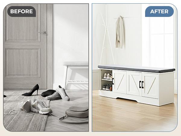Storage Bench, Shoe Organizer Cabinet with Thickened Padded Seat Cushion, Entryway Bench with 2 Doors & Adjustable Shelf for Hallway, Bedroom, Living Room Storage Bench, Shoe Organizer Cabinet with Thickened Padded Seat Cushion, Entryway Bench with 2 Doors & Adjustable Shelf for Hallway, Bedroom, Living Room