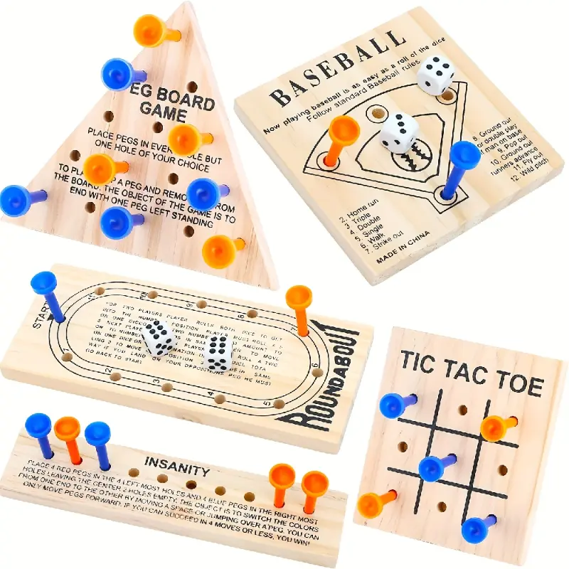5-in-1 Wooden Peg Solitaire Game Set with Dice & 36 Plastic Pegs - Brain Teaser Puzzles for Adults & Kids, Family Board Games Night