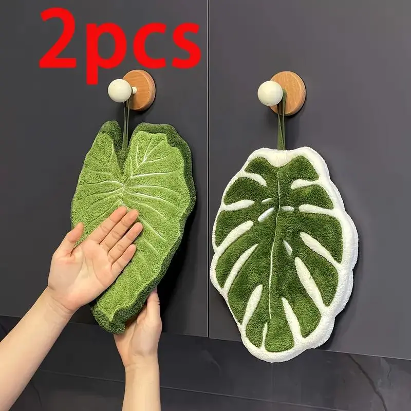 Leaf-Shaped Hand Towels for Kitchen & Bathroom, Absorbent Coral Fleece Hand Towels with Hanging Loop, Stylish Green Leaf Design for Kids & Adults, Creative Bathroom Décor Towels, Ideal for Bathrooms, Dining Rooms & Kitchens, 2-Piece Set, Mother's Day