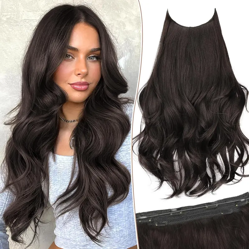 KooKaStyle Invisible Wire Hair Extensions, 20 Inches, Synthetic Wave Curl Pieces, Includes 4 Safety Clips, Adjustable Size, Perfect for Beginners