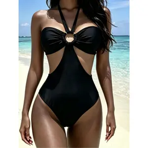 Solid Black Halter Neck Cutout Swimwear O-Ring Tummy Control One Piece Bathing Suit For Women Beach Pool