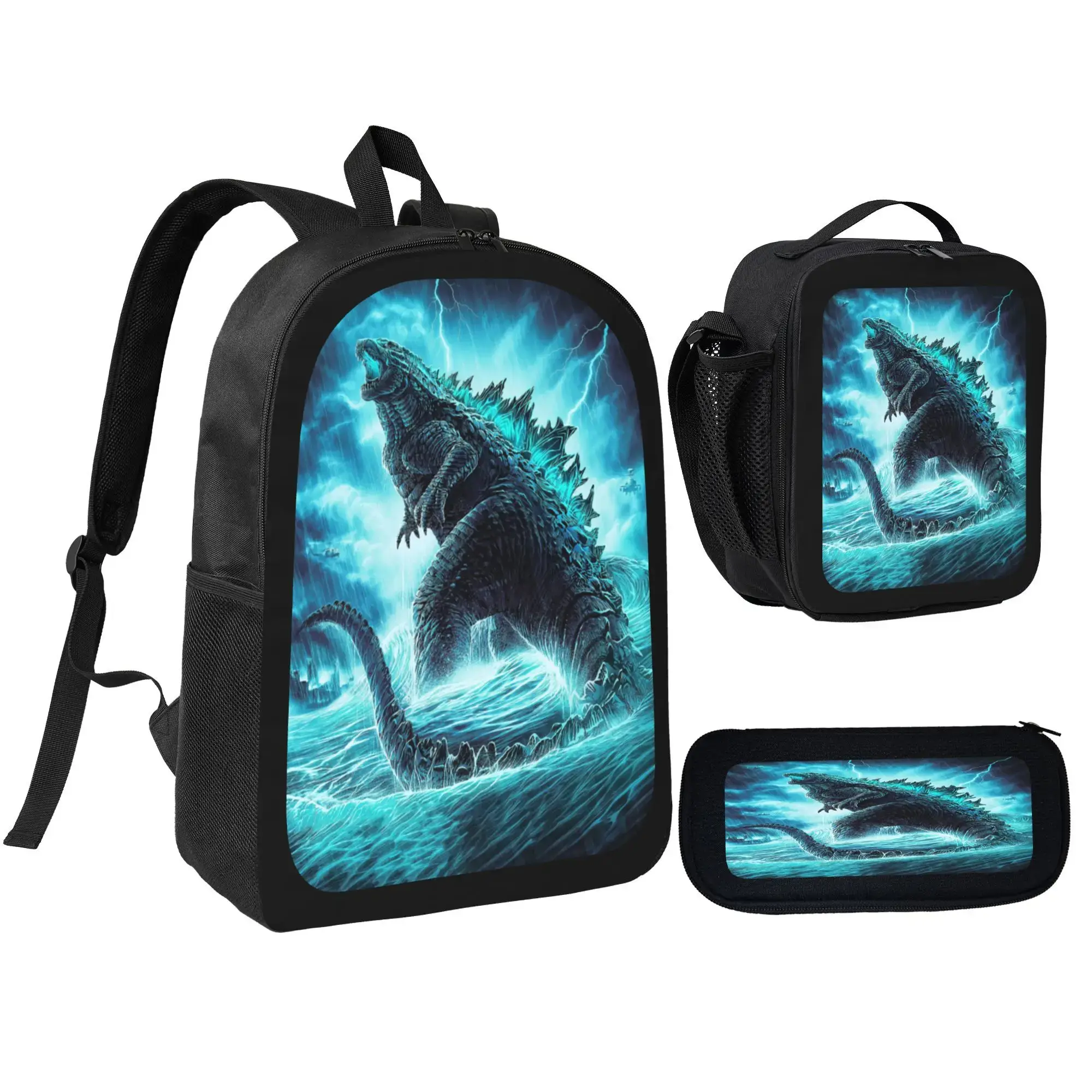 3PCS Godzilla backpack Anime Backpack Daypack Gaming Shoulder Bag Leisure Travel Adjustable Strap Backpacks 17in