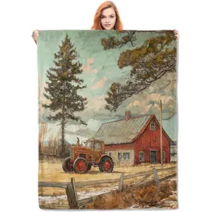 Vintage Farmhouse Flannel Blanket, Rustic Country Scenery with Tractor and Barn Soft Lightweight Throw Blankets Gifts for Adults, Perfect for Couch Bed Home Travel Decor Slim Soft One-Side Printing