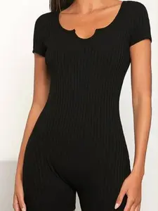 Notched Neck Rib Knit Romper