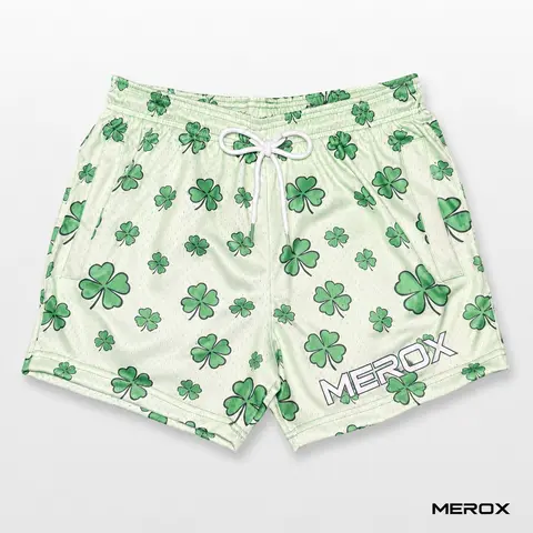 MEROX Shamrock 5-Inch Mesh Shorts, Unisex Light Green Clover Print Gym and Workout Shorts with Zipper Pockets, Breathable Mesh and Adjustable Drawstring Waist for St. Patrick's Day