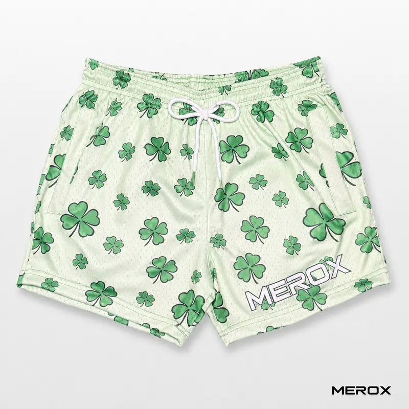 MEROX Shamrock 5-Inch Mesh Shorts, Unisex Light Green Clover Print Gym and Workout Shorts with Zipper Pockets, Breathable Mesh and Adjustable Drawstring Waist for St. Patrick's Day
