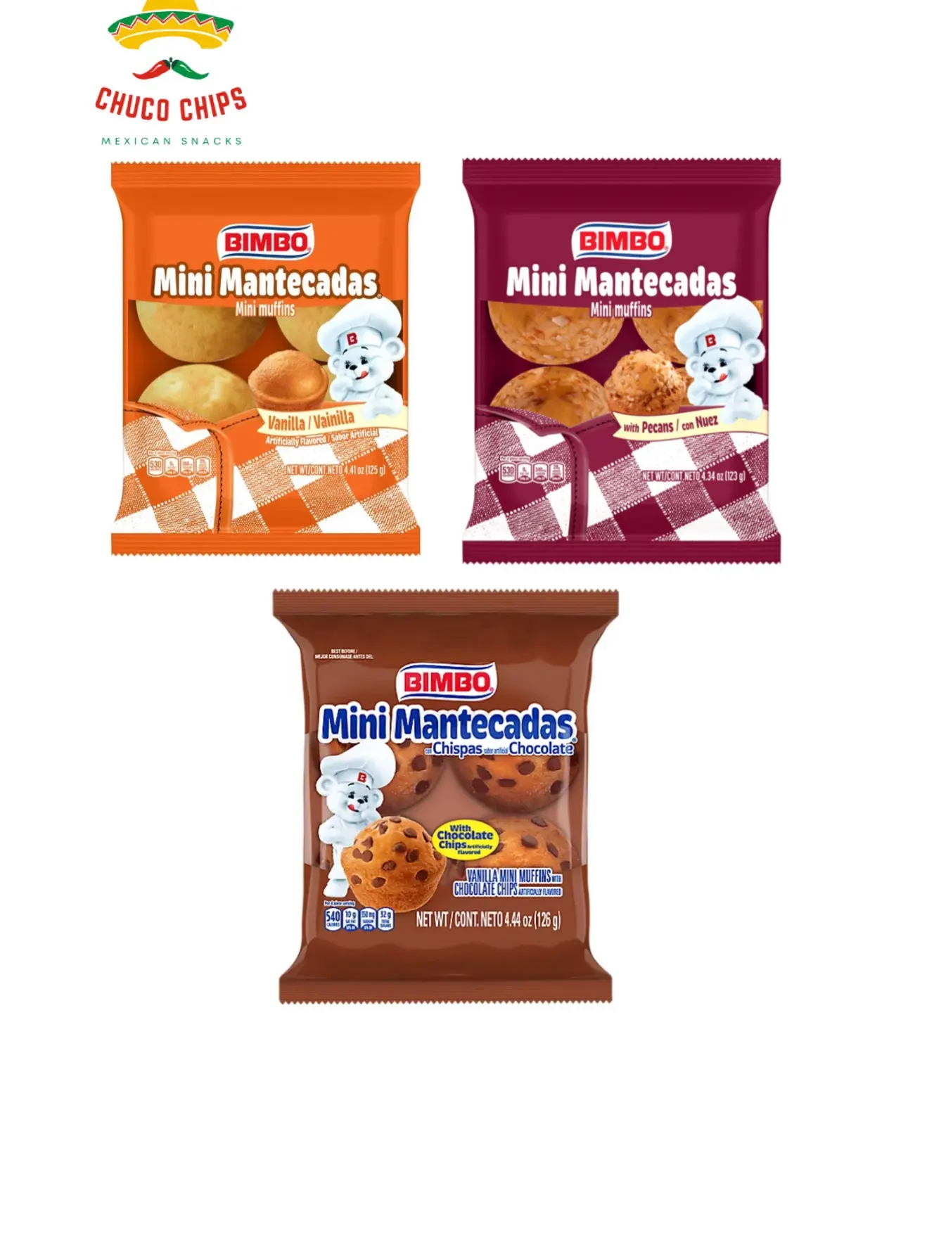 Bimbo Mantecadas- 3 pack of 4 muffins each Pecan,Vainilla,Chocolate Chips - Choose your favorite-
