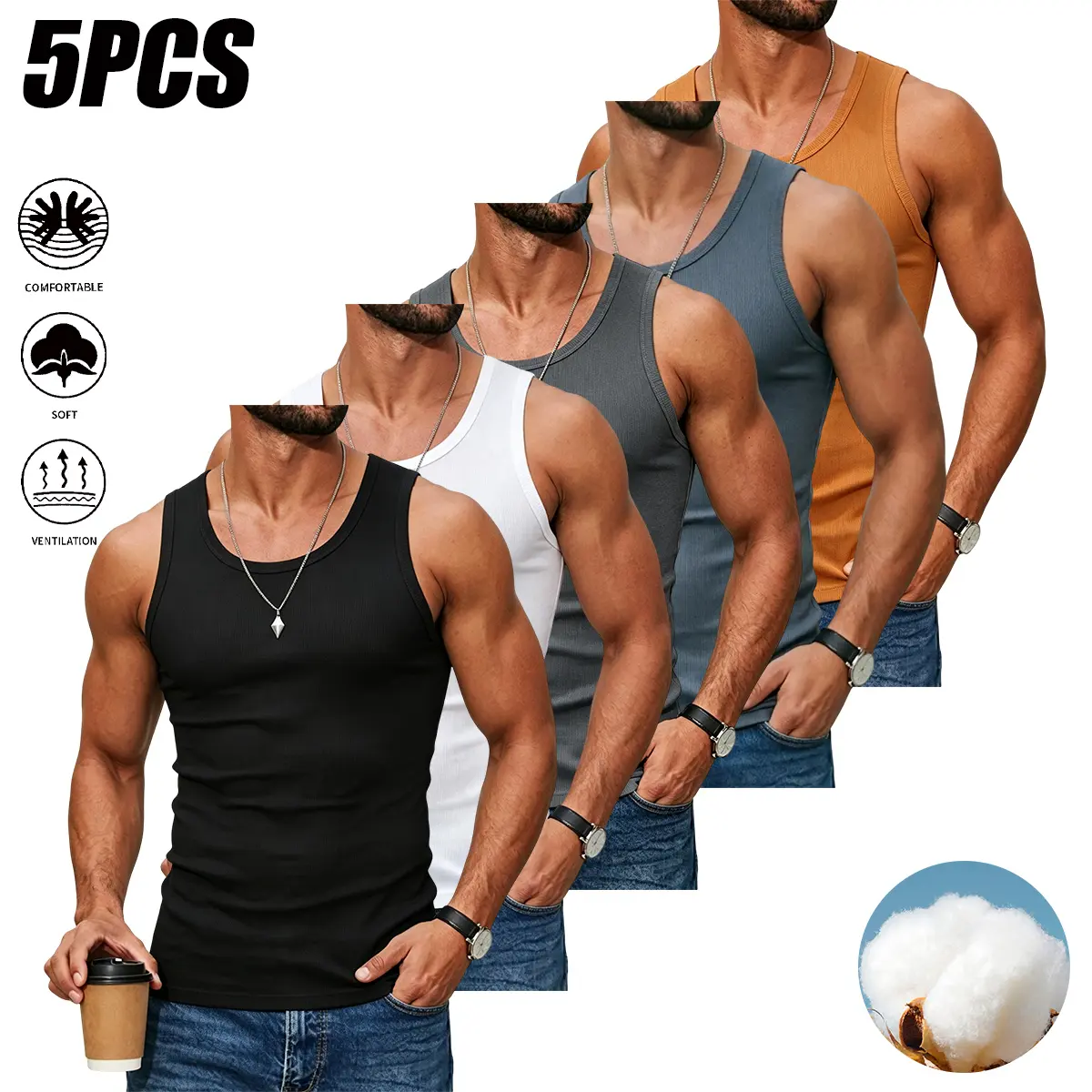 Men's 5-Pack Ribbed Cotton Tank Top, Slim Fit Stretch Undershirt for Dress Shirts & Suits, Smooth Invisible Base Layer to Prevent Show Through, Breathable Moisture Wicking Business Casual Vest