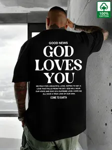 Men's Oversized Loose Fit Cotton T-Shirt, Summer Casual Streetwear, God Loves You Graphic Print, Short Sleeve Religious Top