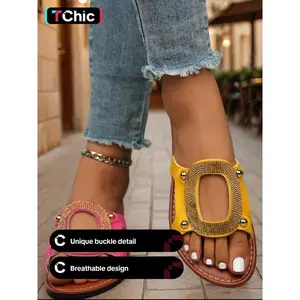 Women's Fashionable Random Color PU Leather Slides, Casual Comfortable Breathable Slides for Summer, Female All-match Round Toe Sandals for Daily Wear, Walking Shoes