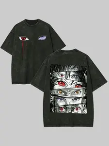 Men's Naruto Shippuden Retro Eye Motifs Graphic Tee, Vintage Washed, Oversized Heavyweight Cotton, Boxy Fit Drop Shoulder, Multi-Size Streetwear, Fathersday Gift, Cold Wash Compatible
