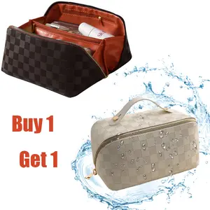 Buy 1 get 1 Large Capacity Makeup Bag – Portable Travel Cosmetic Bag for Women, Waterproof PU Leather Checkered Organizer with Dividers and Handle, Toiletry Bag for Cosmetics, Gifts for Women