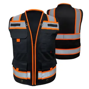 Black Superintendent Vest High Visibility Reflective Safety Mesh Design with Zipper & Multi Pockets for Construction Gear (American Size)