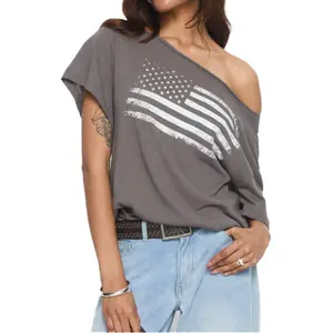 Genleck Women's Patriotic Off-Shoulder Short Sleeve Top - American Flag One Shoulder Casual Tee for 4th of July