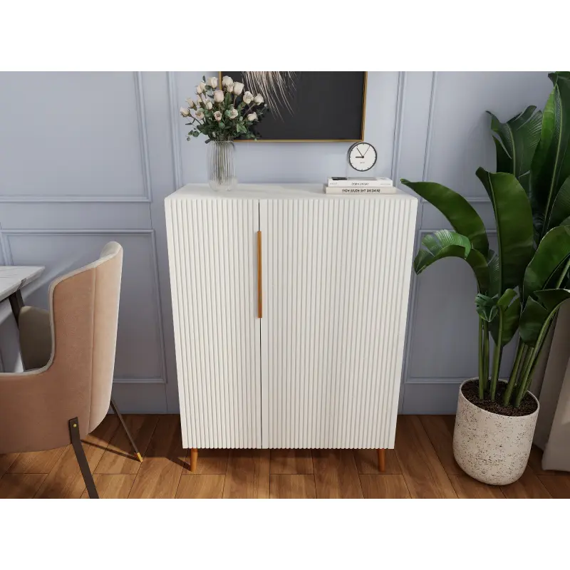Minimalist White Wood Sideboard Cabinet with Gold Handles - Clean Lines, Compact Durable Storage, Open Shelves, Space-Saving Organizer for Kitchen, Dining Room, 31.50x16.50x42.90in, 73.70lbs, Solid Legs
