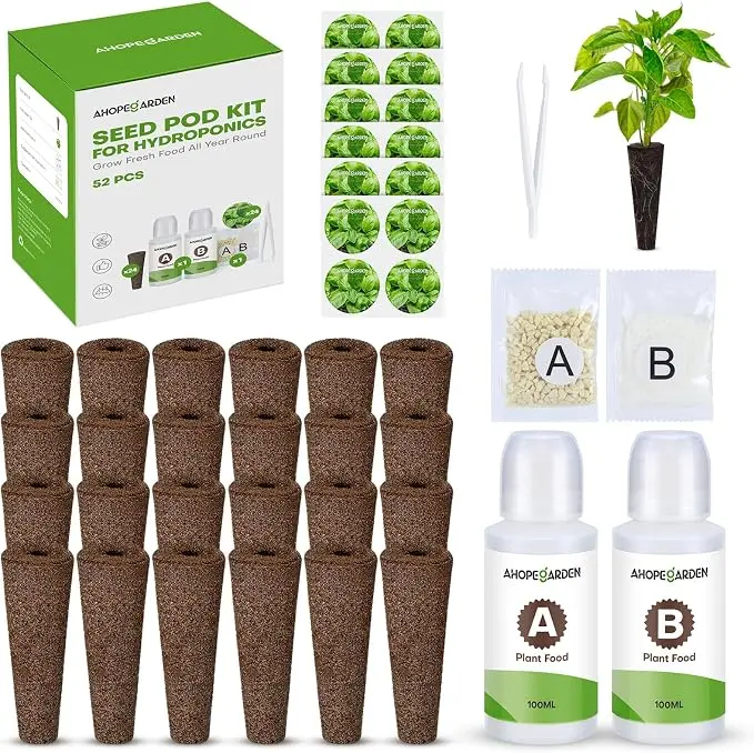 52PCS Hydroponics Pods Kit: Compatible with Aerogarden, Includes 24 Grow Sponges, 24 Pods Labels, 4 A&B Plant Food - Hydroponics Supplies for Most Brands