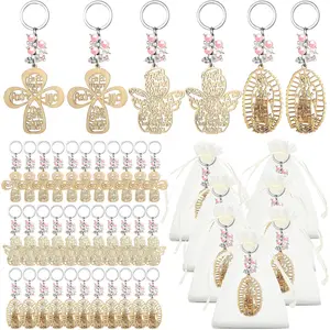 30 Pcs Baptism Key Ring Bautizo Recuerdos De Bautizo Para Cross Wooden Keychain with Organza Gift Bags Baptism Favor (Pink Pearls)
