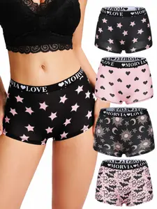 4-Pack Women's Christmas Pattern Panties Set, Soft Comfortable Mid-Waist Seamless Briefs, Elastic Waistband, All Seasons Wear, Seamless Underwear, Soft Comfy Panties, Casual Comfy Panty