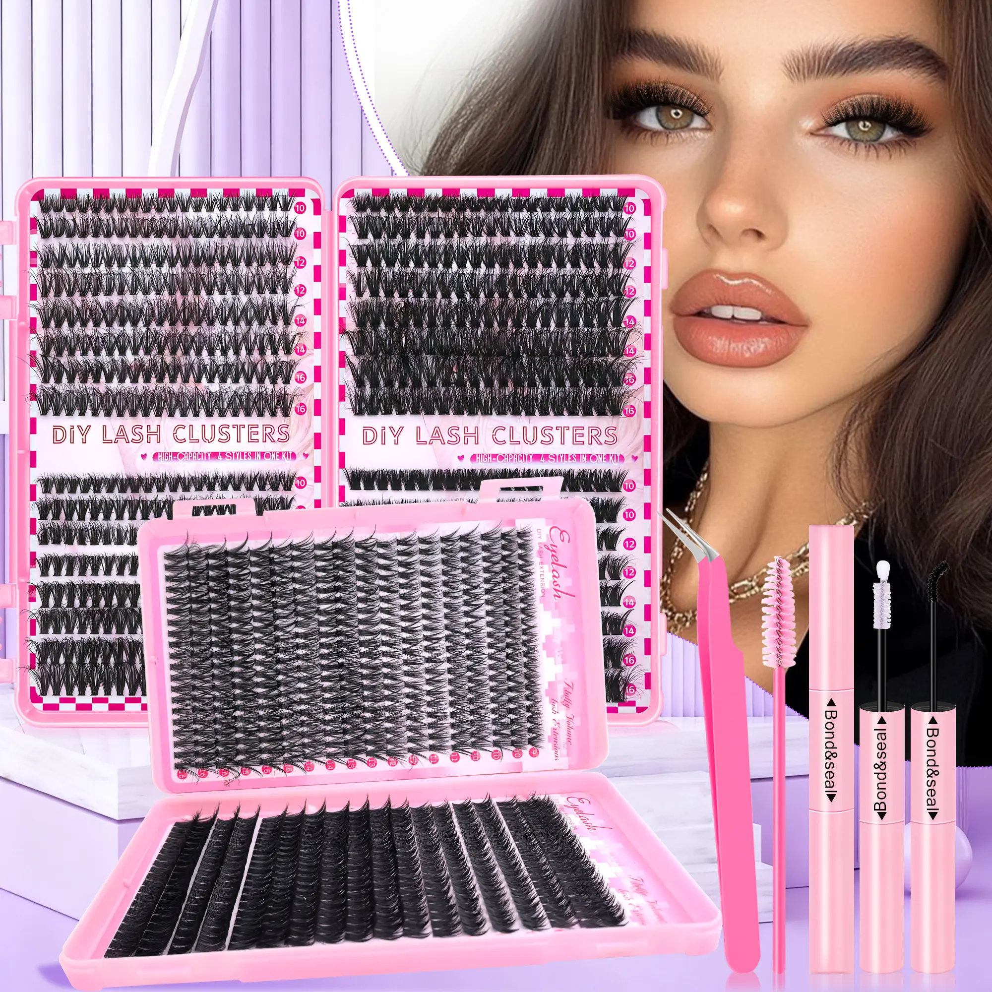 640PCS Cluster Lash Kit 30D+40D+60D+80D Mixed Natural Look & Volume Fluffy Wispy Individual DIY Eyelashes Extensions Set with Bond & Seal Glue, 9-16mm Soft Thin Band C/D Curl Lashes Makeup for Beginner