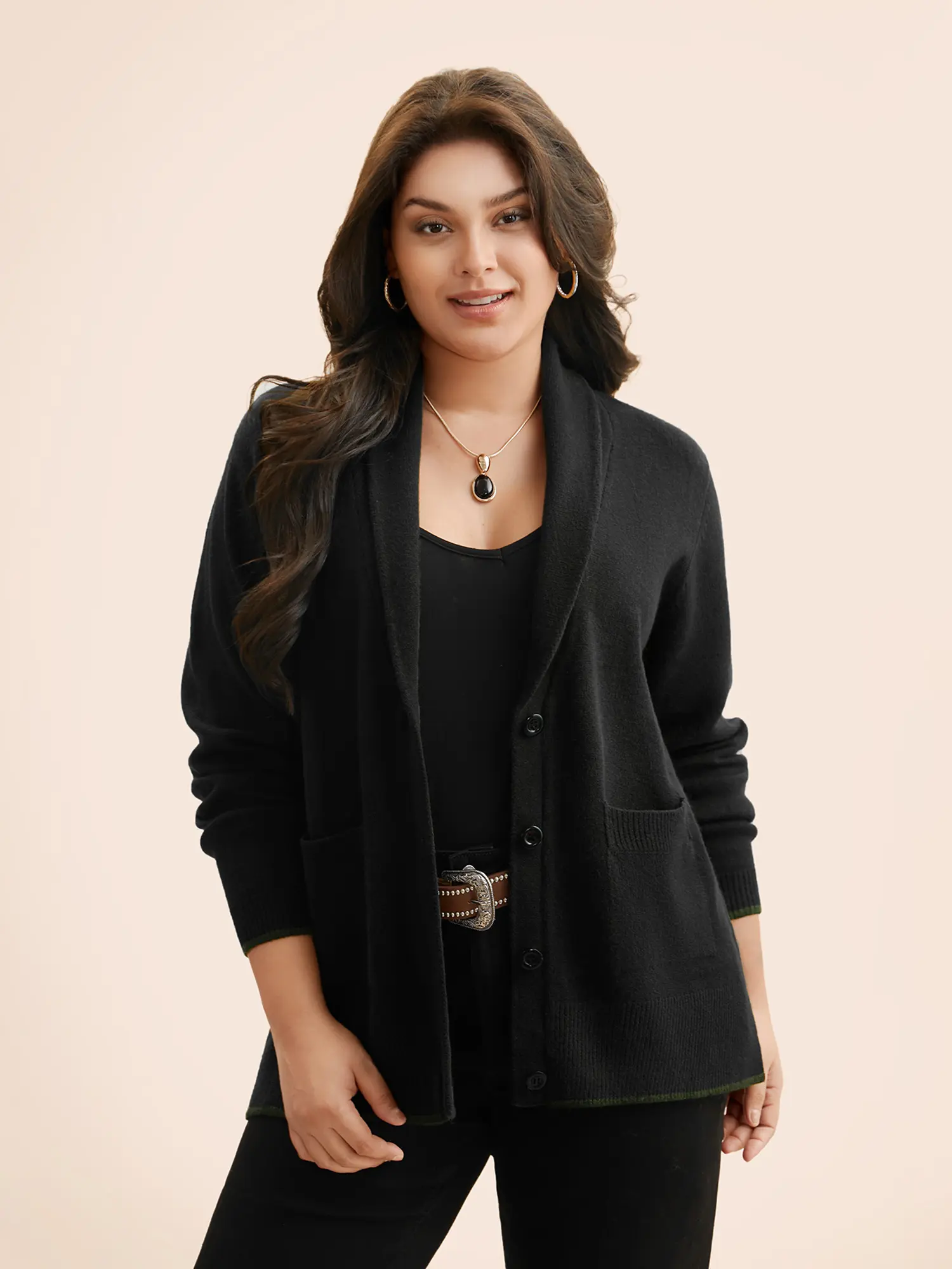 BloomChic Women's Butter-Soft Army Green Solid Shawl Collar Casual Knit Cardigan - Long Sleeves, Easy High Stretch, Loose Fit, Nylon-Polyester Blend Fabric, Pocket, Low Iron, Easy Movement, Button Front Garment for Casual Wear