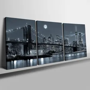 New York City Night Scene Canvas Painting with Frame, 3 Counts/set Modern Cityscape Bridge Pattern Wall Art, Wall Decor for Home Living Room Bedroom Office, Ornaments