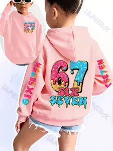 Girls' Fun Number Print Hoodie, Fitted Casual Sportswear, Fall & Winter Elastic Fabric, Christmas Gift, Cute Gift Sweatshirt, School Fashion