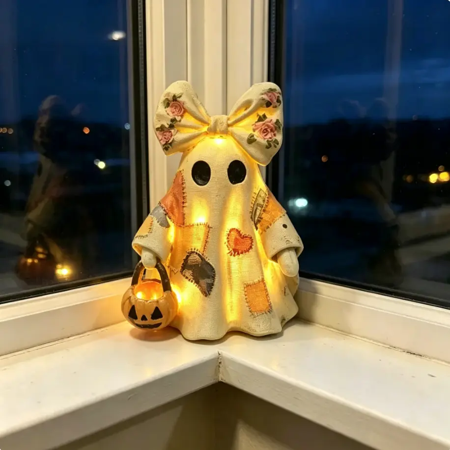 Vintage patchwork-style ghost figurine, perfect for autumn tabletop decor in small spaces; a cute, retro indoor statue suitable for Halloween, Harvest Festival, and Thanksgiving.