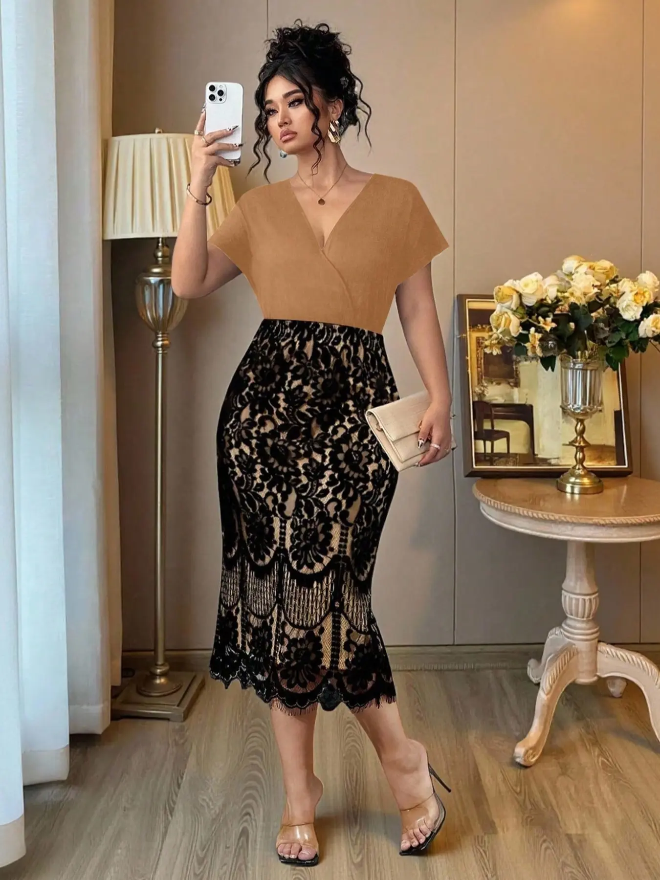 Plus Size Solid V Neck A Line Fitted Dress, Elegant Chic Bishop Sleeve Patchwork Dress for Party Holiday Wedding Guest, Women's Clothes for Spring & Fall Womenswear - TikTok Shop Plus Size Solid V Neck A Line Fitted Dress, Elegant Chic Bishop Sleeve Patchwork Dress for Party Holiday Wedding Guest, Women's Clothes for Spring & Fall Womenswear - TikTok Shop