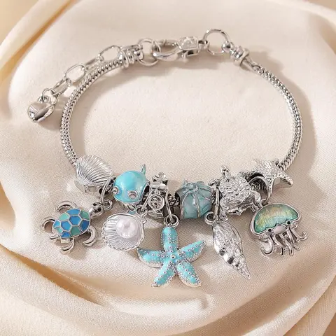 Ocean Themed Charm Bracelet, Cute Turtle & Starfish & Shell & Jellyfish Design Adjustable Bracelet, Trendy Jewellery Accessories, Fashionable Bracelet, Pretty Bracelet, Fashion Accessories for Women & Girls, Water Bracelet