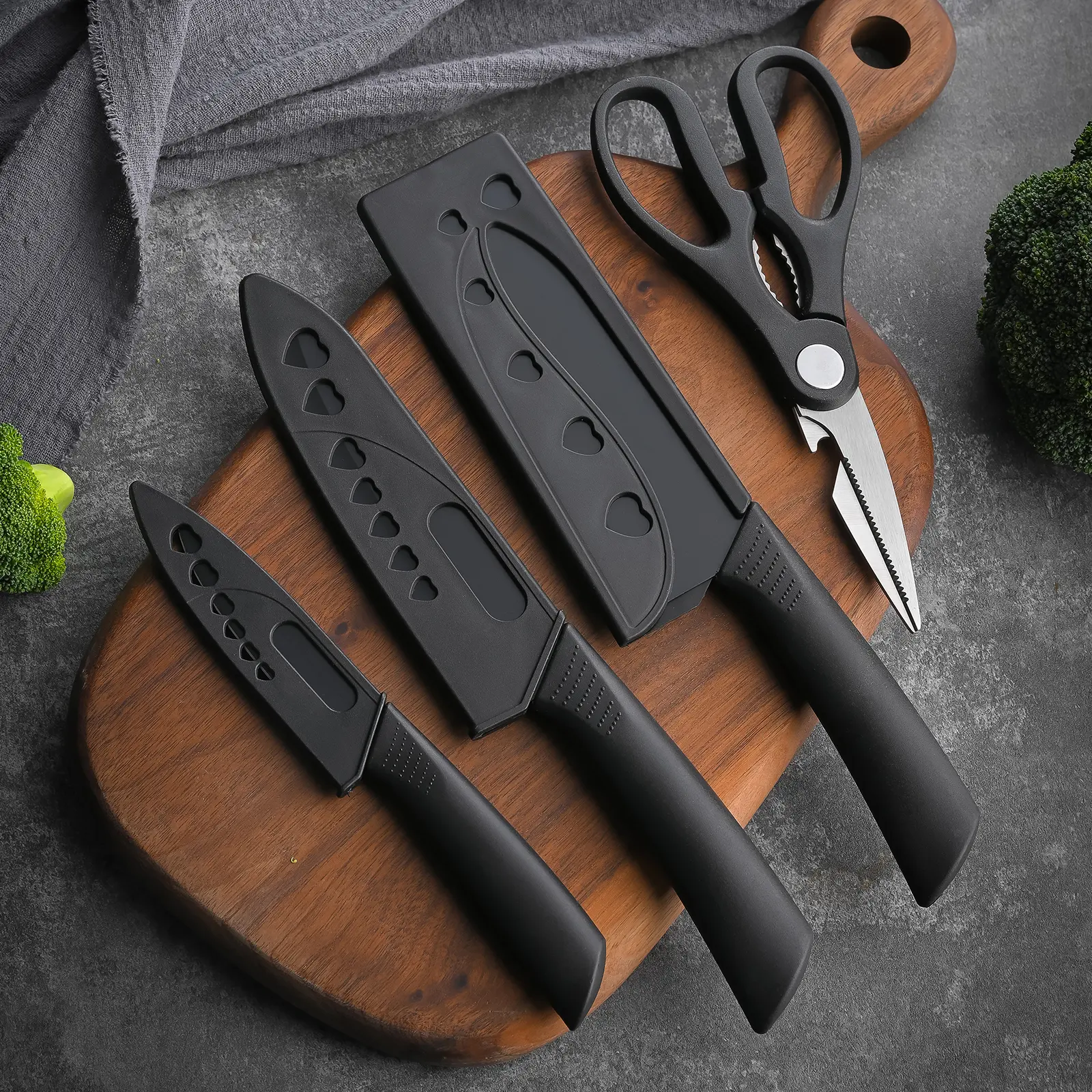 4-Piece Super Sharp Kitchen Knives Set - Black Kitchenware with Fruit Tools, Scissors, Steak Knife for Kitchen Cutting Tasks
