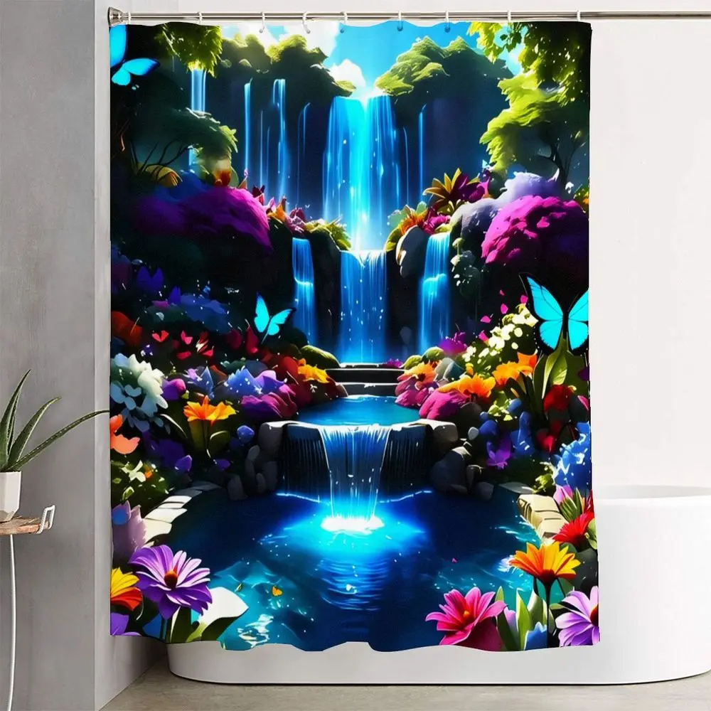 4-Piece Bathroom Decor Set, Bathroom Shower Curtain Sets, Rainforest Waterproof Shower Curtain with Blue Waterfalls, Tropical Flowers & Butterflies, Bath Mats & Toilet Seat Cover