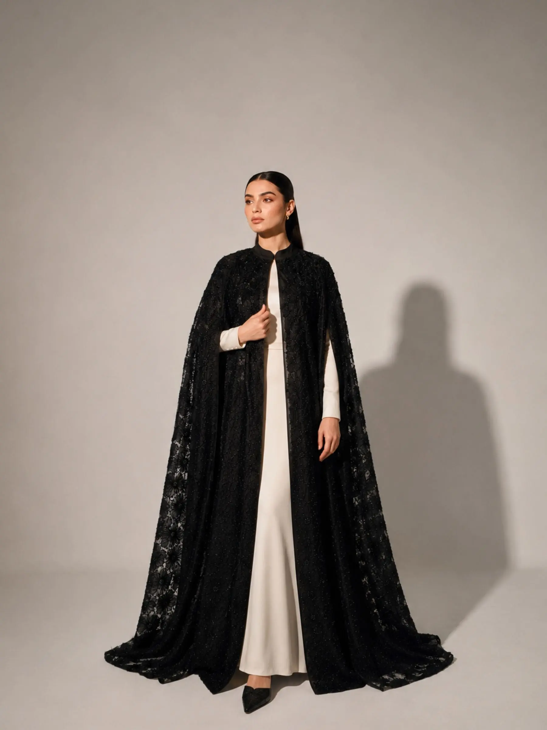 Black Beaded Lace Cape Abaya | Noir by NISA