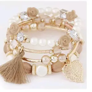 4Pc Leaf and Tassle Beaded Bracelet