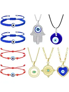 9 Pieces Evil Eye Necklace Evil Eye Bracelets for Women Men Turkish Eye Necklace Hamsa Turkish Protection Bracelet Jewelry Set Amulet Evil Eye