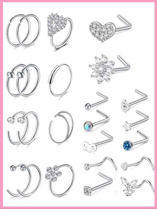 Women's 20g Nose Ring Stud Earrings, Surgical Steel Nose Stud with Shiny Cz Flower Design, Heart Butterfly Floral Patterns, Nose Piercing Jewelry