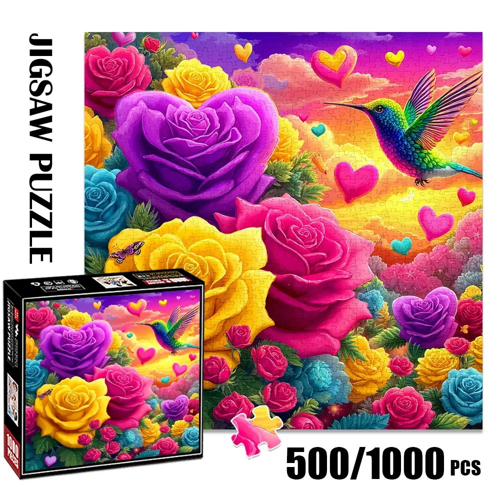 1pc 1000 piece adult puzzle 58x58cm Colorful Roses, Hummingbird and Hearts500 pieces paper jigsaw puzzle suitable for DIY creative Crafts games Art Puzzles Family Puzzle Gift for adults and families, birthday and holiday stress relief gi